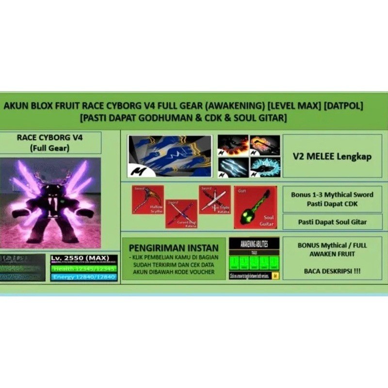 Akun Blox Fruit Race Cyborg V4 Full Gear (Awakening) (Godhuman + CDK + Soul Gitar) software [Level M