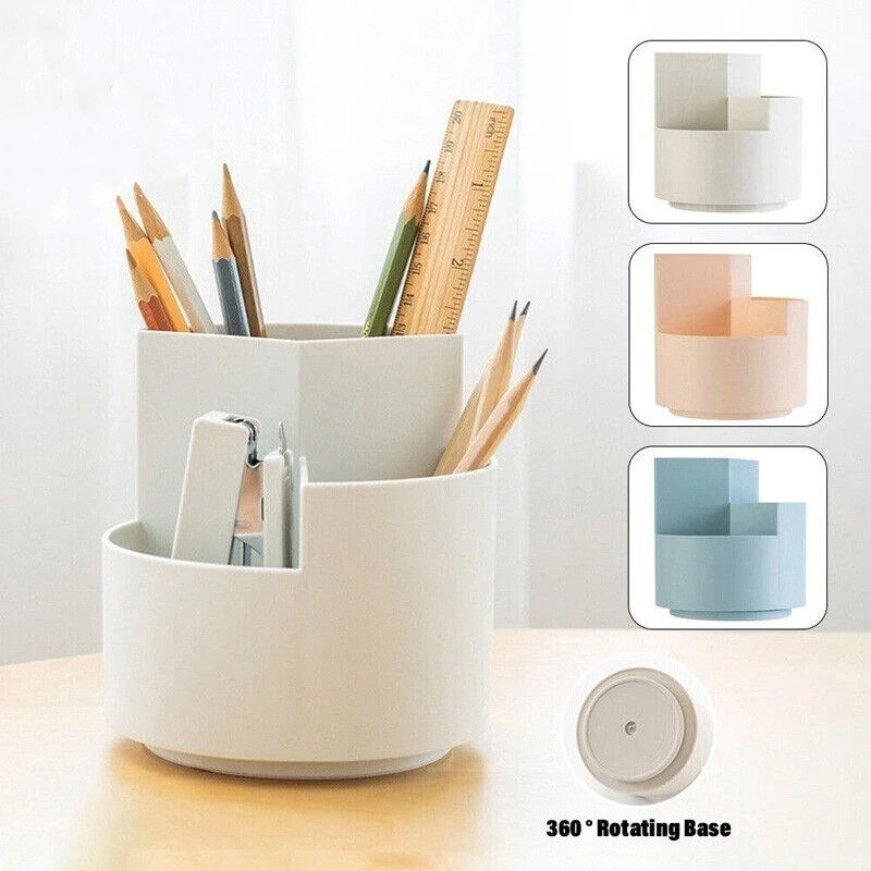 

360° Rotating Pen Holder Desk Large Capacity 3-Grid Pencil Storage Box Organizer Makeup Brush School Pen Stand Office Storage