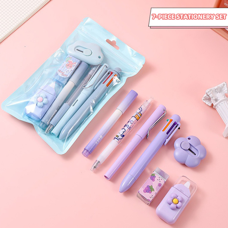 

Kawaii Stationery 7-piece Set(6-color Ballpoint Pen Gel Pen Pencil Marker Utility Knife Correction Tape Eraser) Student Souvenir