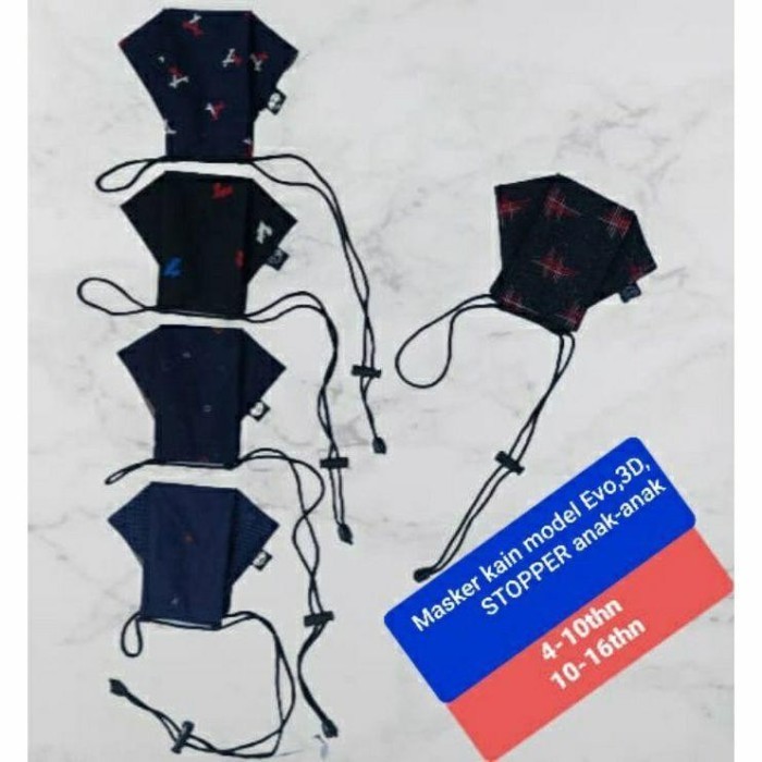 MASKER KAIN ANAK MODEL EVO 3D TALI STOPPER MASKER POLOS DAN MOTIF ANAK PRIA WANITA