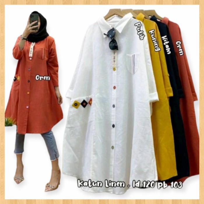 NEW -Baju kemeja tunik kekinian wanita bahan katun linen terbaru - Putih, All Size