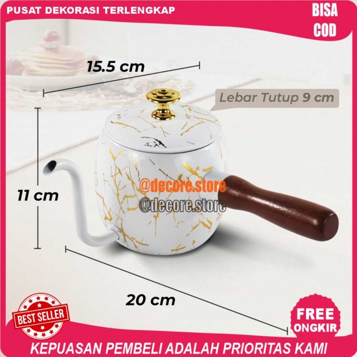 Cod Teko Leher Angsa Gooseneck Pitcher Teh Kopi Stainless Steel Motif Keramik 500 ML - Putih
