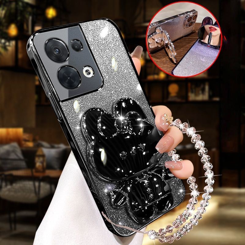 Casing HP OPPO Reno8 5G / Reno8 4G / Reno8 Pro 5G / Reno8 Z 5G / Reno8 T dengan Tali Kristal + Cermi