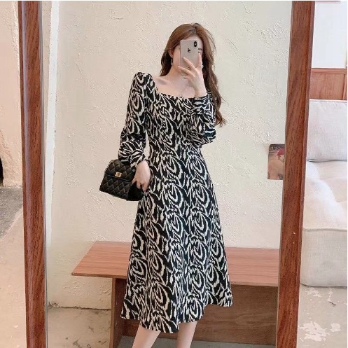 Midi Dress Motif Abstrak Lengan Panjang - Dress Casual Kasual / Dress Import Impor / Dress Abstrak L