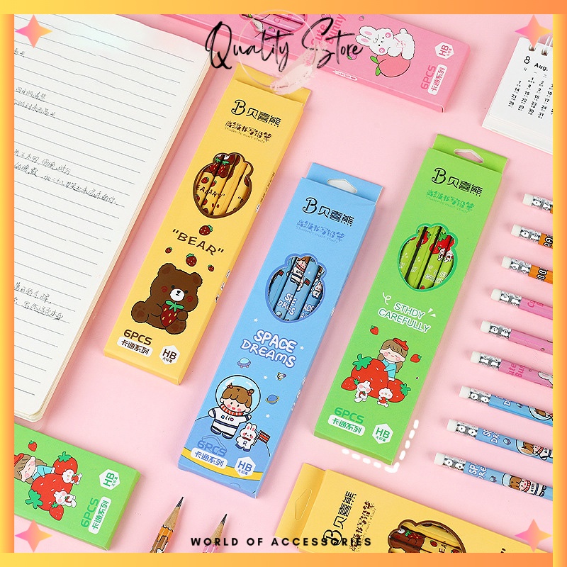 

QS - PENSIL TULIS SET 6PCS MOTIF KARTUN + PENGHAPUS CUTE / PENSIL SET LUCU