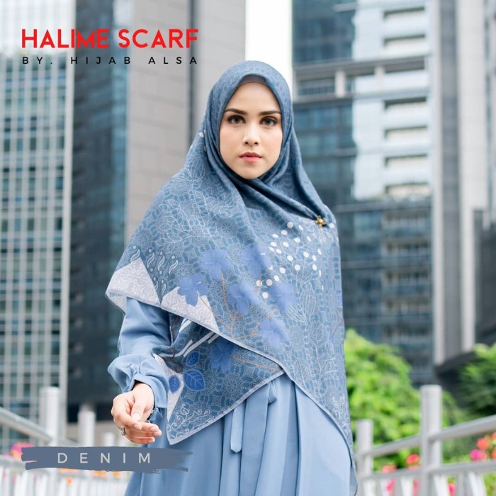 Hijab Voal Halime Digital Printing Premium Size Syari by Hijab Alsa - denim, 140x140