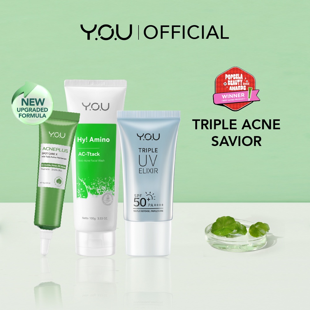 YOU 3-in-1 Acne Treatment Bundle | Anti Acne Facial Wash, Acneplus Spot Care, Triple UV Elixir Sunscreen | Obat Totol Jerawat Paket Skincare | Aa Kosmetik