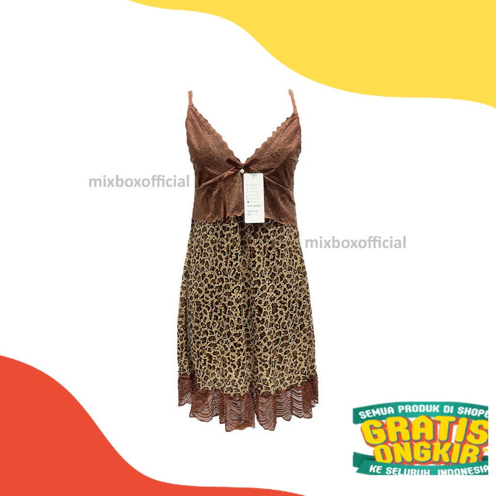 Mixbox Dress Gaun Malam Lingerie Lace Leopard Terbaru - LD 120/ kpop korean