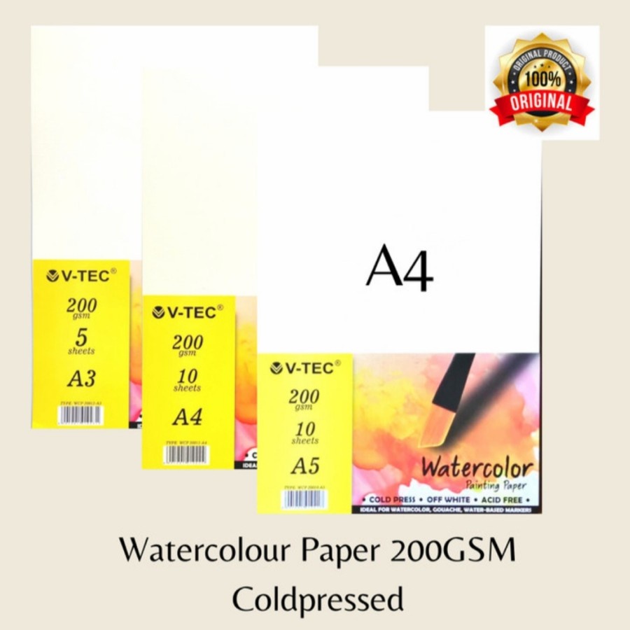 

V tec Water Colour Paper Type WCP 20010 Ukuran A5 A4 A3 (10SHEETS/200GSM/COLD PRESS)