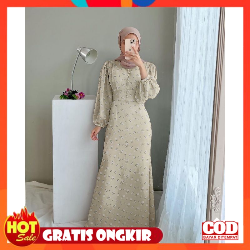 KAIN ADEM HALUS TEBAL / Shofie Korean Dress Baju Gamis Muslim  Motif Bunga Kecil Remaja Dewasa Korea