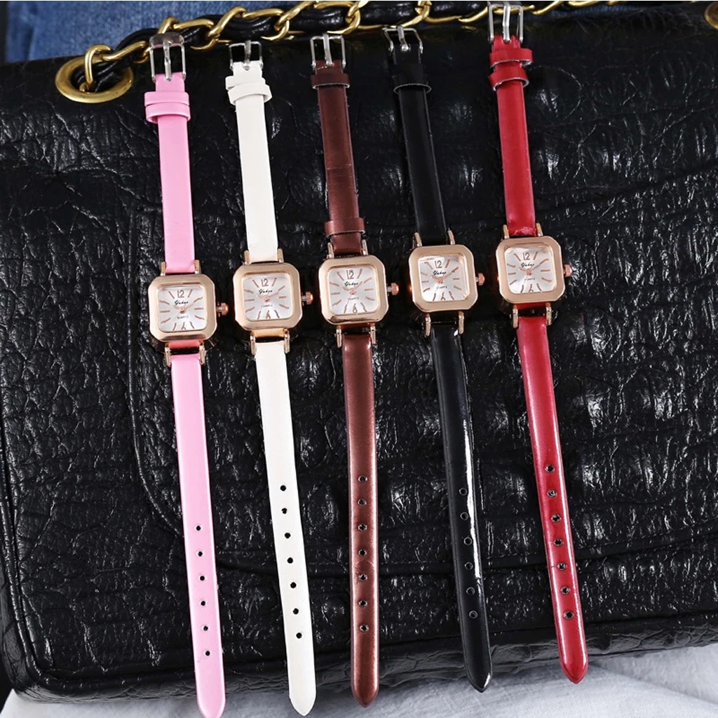 MurmerOfficial Jam Tangan Casual Wanita Kecil Strap Pu Analog Fashion Quartz Dial Kotak JT063