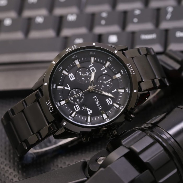 best -Jam tangan pria fossil rantai chrono variasi - Ring hitam