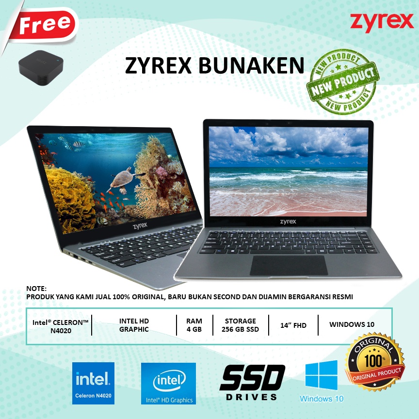 LAPTOP ZYREX BUNAKEN CELERON N4020 RAM 4GB 256GB SSD + 64GB WINDOWS 10 14 FHD GREY BLACK