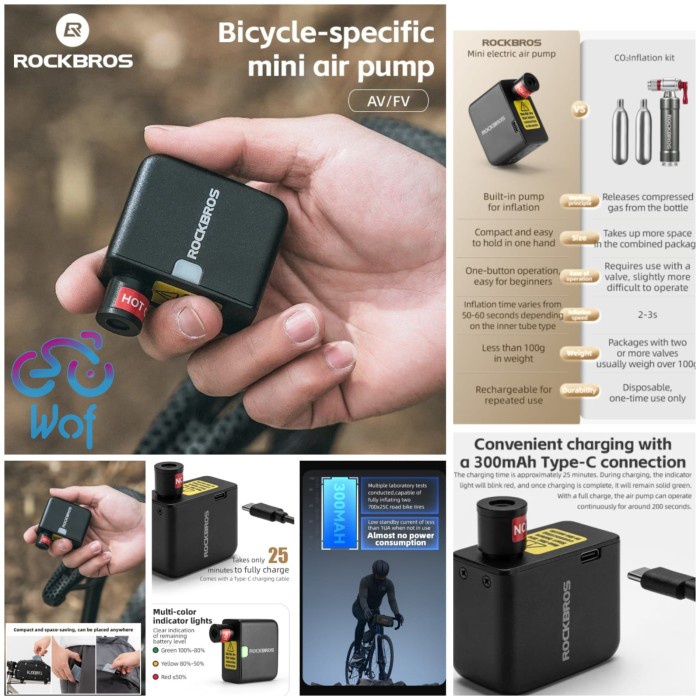 ROCKBROS AS1 Tire Inflator Mini Electric Pump Pompa Sepeda Motor Portable 100PSI USB Charge 42320008