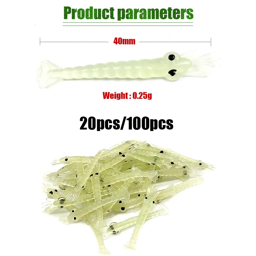 100Pcs Umpan Pancing Udang Tiruan Kecil Bercahaya Soft Lure Luminous Udang Palsu Mancing 4cm