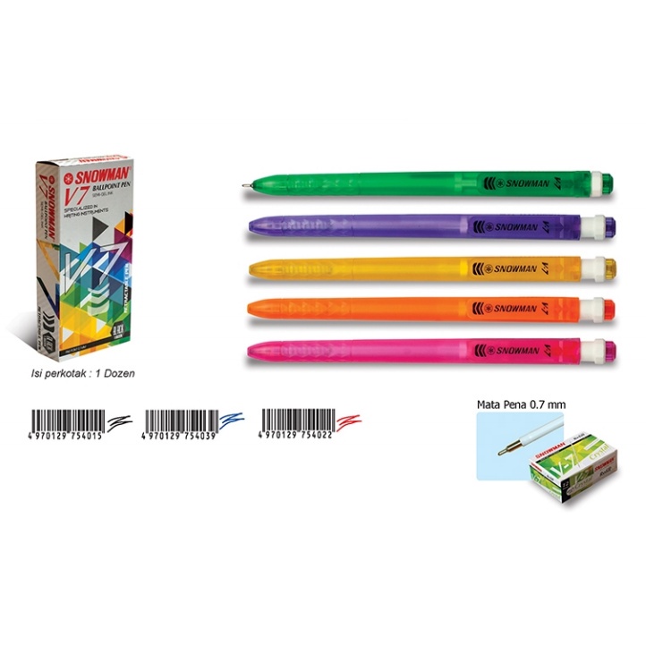SNOWMAN PULPEN V-7 BOLPEN MURAH BLACK HITAM  V 7 GROSIR TIDAK MUDAH KERING ATK ALAT TULIS KANTOR ASL