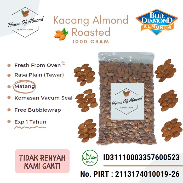 

[KUALITAS TERBAIK] Kacang Almond Roasted (Panggang) 1 Kg Blue Diamond Premium