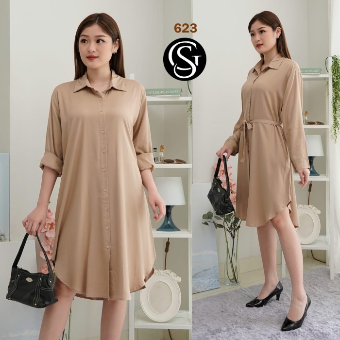 TUNIK WANITA  / TUNIK TALI PINGGANG KATUN TWILL 30S - 623 - abu tua