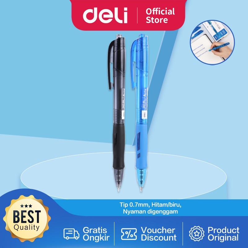 

Deli Retractable Ballpoint Pulpen 0.7mm EQ17 - Tinta Hitam & Biru, Desain Ergonomis