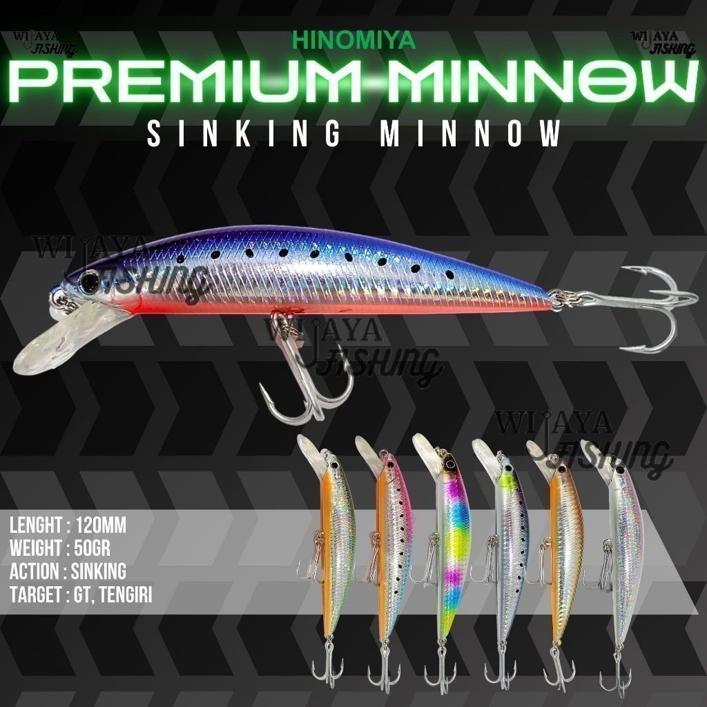 Umpan HINOMIYA Premium Minnow Sinking 12cm 50gr Mancing Ikan Tengiri GT Warna best seller VMC Hook