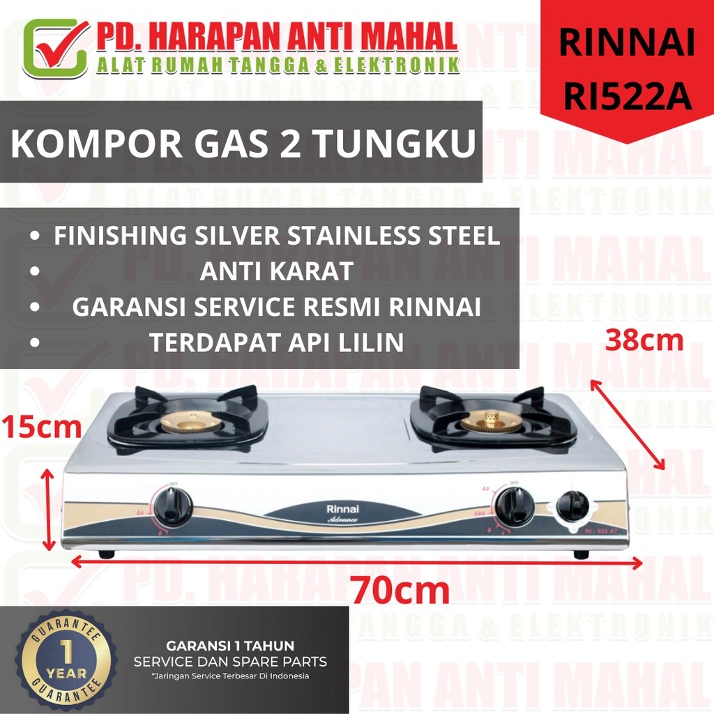 KOMPOR GAS RINNAI  2 TUNGKU RI522A / KOMPOR GAS 2 TUNGKU / RINNAI 2 TUNGKU