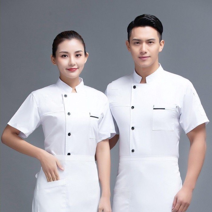 Baju Koki Seragam Chef Kemeja Koki Baju Chef Swiss Lengan Pendek - Putih, S