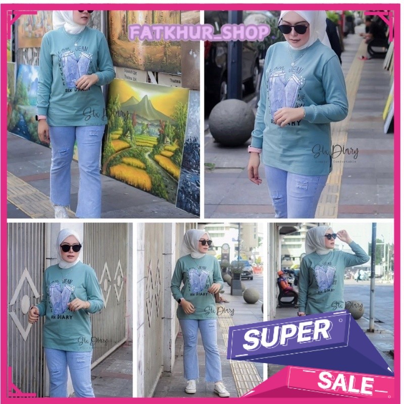 Baju Wanita Fashion wanita Kaos Wanita Atasan Wanita Kaos Lengan Panjang Wanita Six Diary Motif JEAN