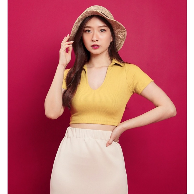 [ S to XXL ] Elsie Collar U-Neck Crop Top Polo Shirt Tee Rib Knit - Atasan Baju Rajut Wanita Kerah U