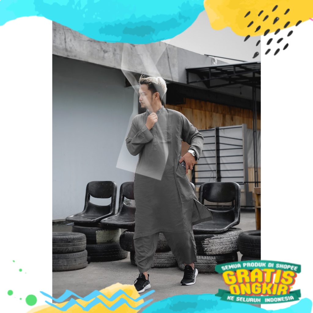 Kurta Pakistan Lengan Panjang Baju Koko Dewasa Gamis Pria Terbaru 2023 - POLLMOES/ biru telur asin