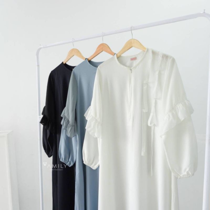 BAJU GAMIS PUTIH UMBROH SYARI JUMBO SABIRA DRESS AMILY HIJAB CREPE CERUTY FASION MUSLIMAH WANITA PER