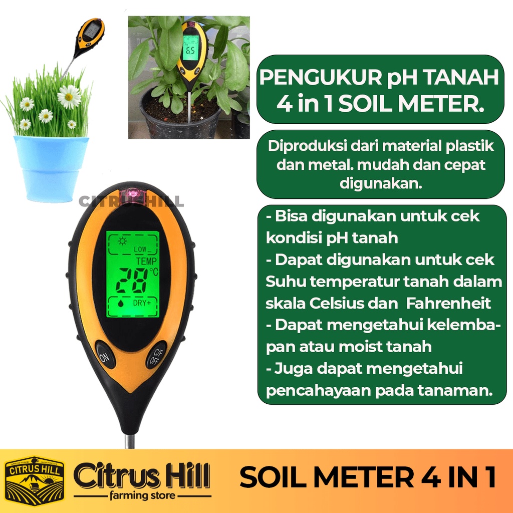 Alat Pengukur pH Tanah 4 in 1 Temperature &amp; Kelembaban Tanah Soil Moist PH