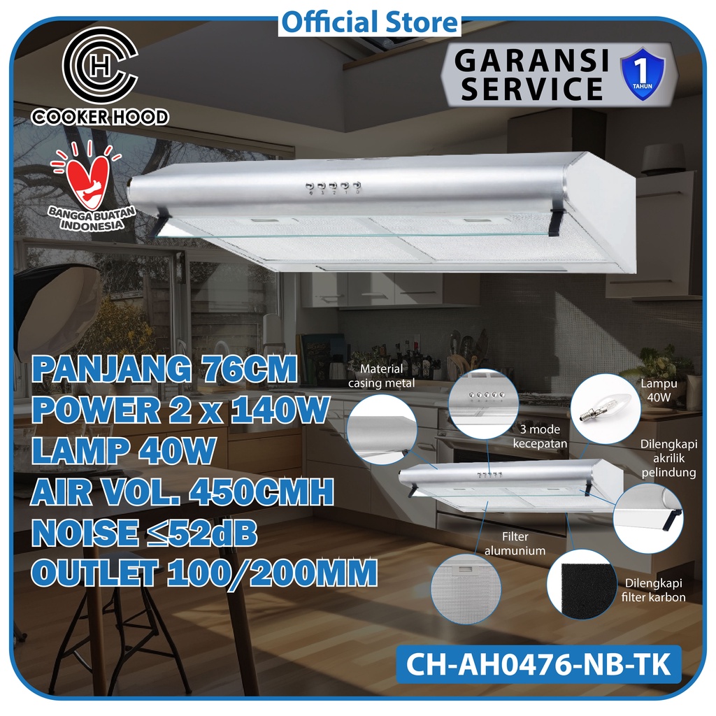 Cooker Hood Hisap Asap CH 76 Cm Kitchen Hood Fan Penghisap Asap Buang Asap Dapur
