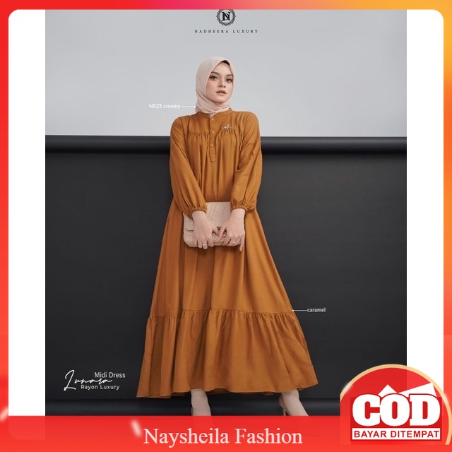 Lunara Midi Dress By Nadheera Luxury Terbaru Kekinian Rayon Premium Busui Wudhu Friendly