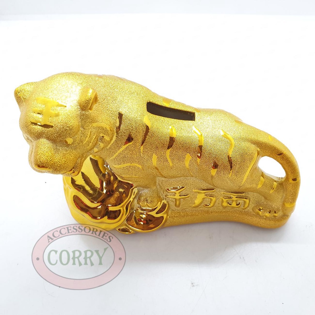 Patung Harimau Sio Macan Celengan Imlek Emas Keramik 14 Cm Imlek Pajangan Meja Dekorasi Sincia