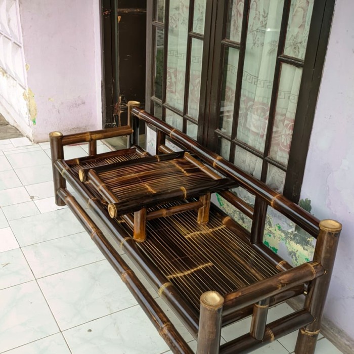 Termurah Kursi bambu plus meja/kursi tropis/kursi bambu hitam/bale meja lepas
