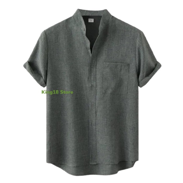 ✨BISA COD✨ -Kemeja Pria Kerah Sanghai Polos Lengan Pendek Katun Madinah Premium - Sage, S Kemeja ORI