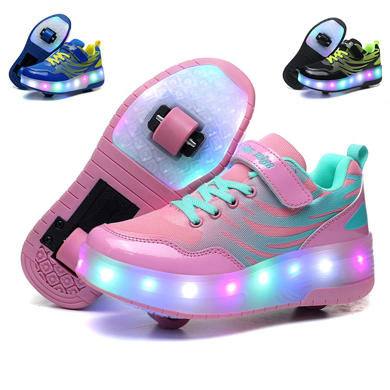 GHA Brand Children Two Wheels Luminous Leather Sneakers Boys Girls LED Light Roller Skate Shoes Kids