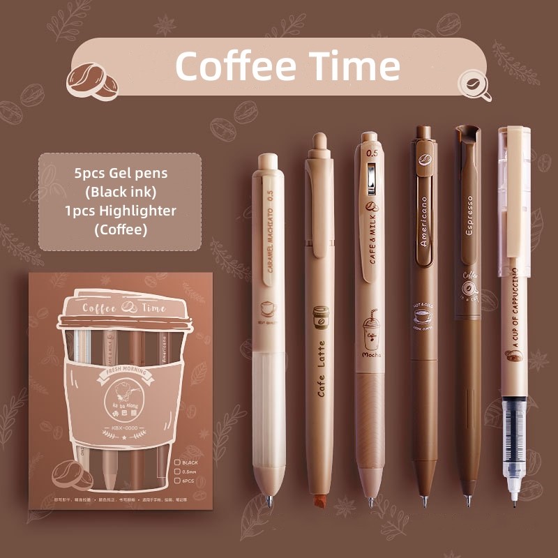 

6pcs Coffee Time Gel Pens Highlighter Set 0.5mm Ballpoint Black Color Ink & Coffee Marker for Writing A7439