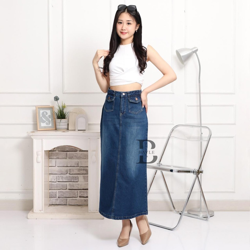 Rok Jeans | Rok Panjang Wanita Kekinian | Rok Span Jeans | Rok Jeans Panjang | BAYLE 1039 RELK JEANS