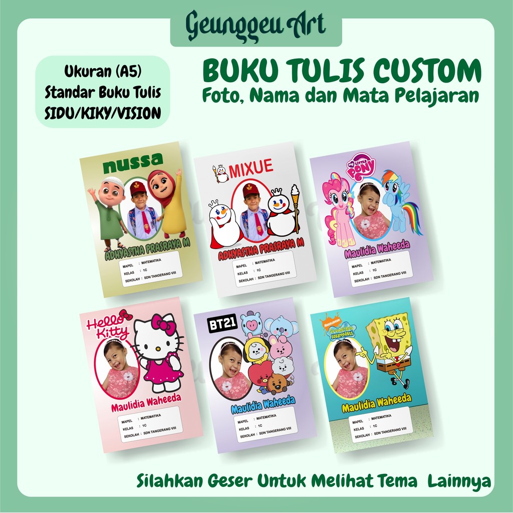 

BUKU TULIS CUSTOM FOTO MURID SD SMP SMA - BUKU TULIS COVER KARTUN FOTO DAN NAMA SENDIRI