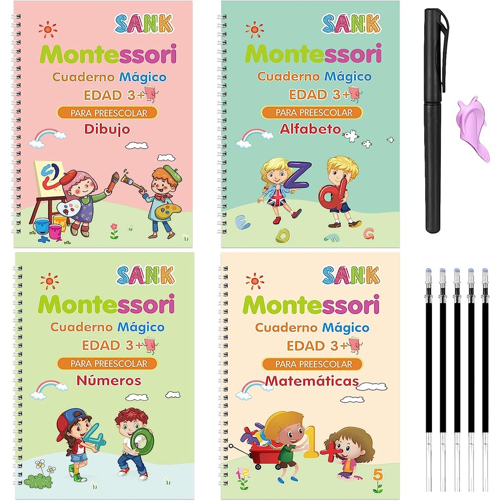 

4 Books Magic Writing Book in Spanish Calligraphy Notebook Montessori Kids Reusable Educational Calligraphic Letter Practice Toy