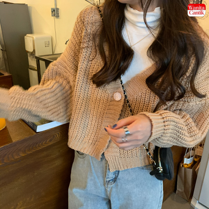 Cardigan Rajut Wanita Model Korea Lengan Panjang Sweater Pendek Gaya Manis dan Elegan Longgar