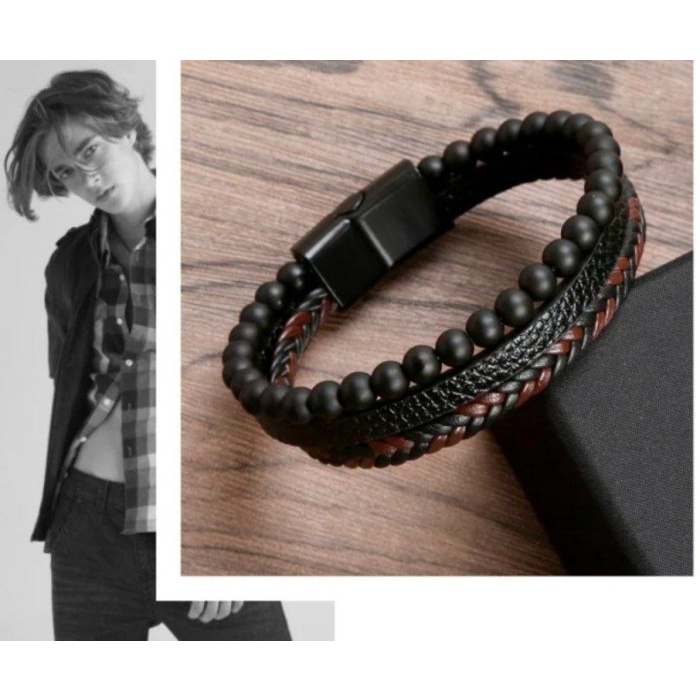 GELANG KULIT PRIA GESPER MAGNETIK OBSIDIAN BATU ALAM