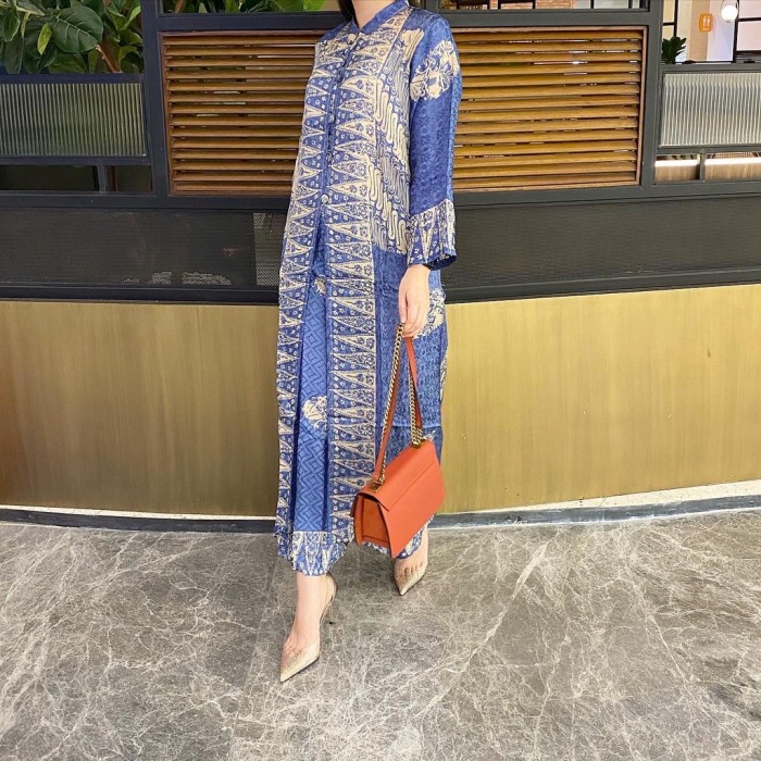 Setelan Kulot Wanita Set Tunik Batik Wanita Modern Viscose jumbo busui - Tumpal BIRU