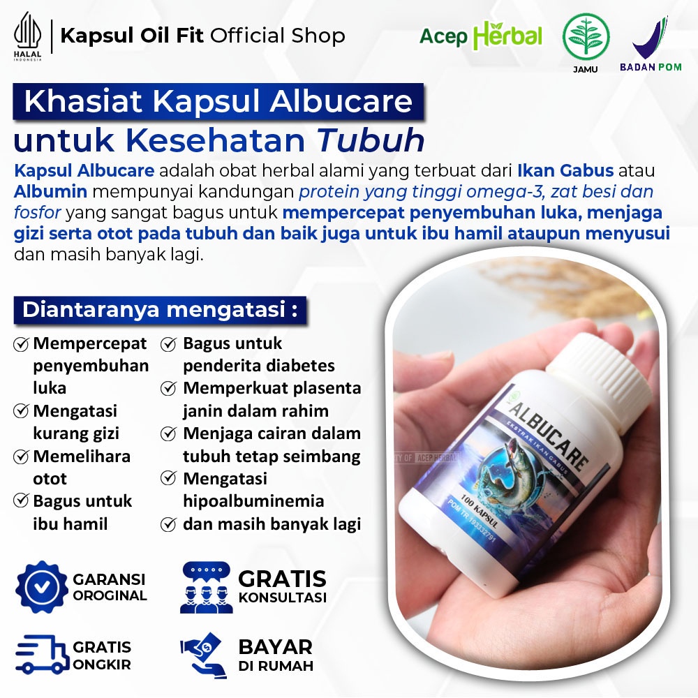 Albucare 100% Original Kapsul Ekstral Ikan Gabus bpom Obat Pengering Luka Pasca Operasi Cesar Caesar