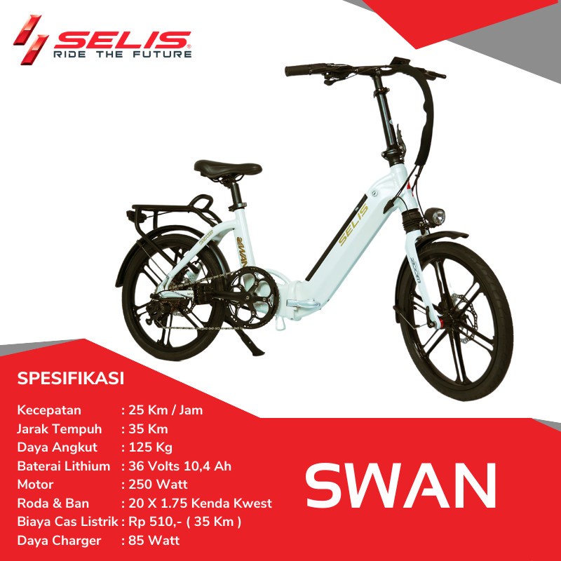 Sepeda Listrik Lipat Selis Swan 250W Battery Lithium 36V 10.4Ah Roda 20 x 1.75