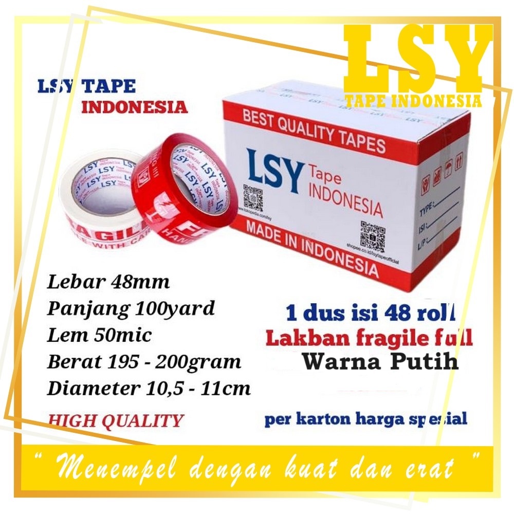 

LSY 1Dus Grosiran 48roll Lakban Fragile Putih Full 48mm x 100yard Full 50mic