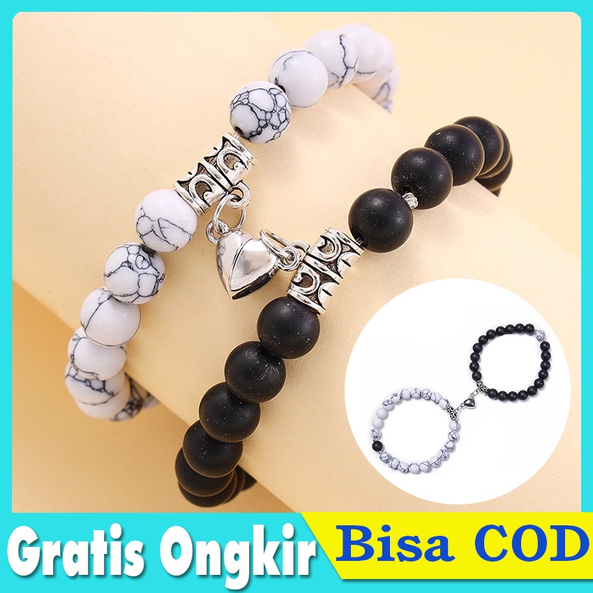 Gelang Couple Magnet Polos - 1 Pasang Gelang Tali Korea 2mm Hitam+Magnet