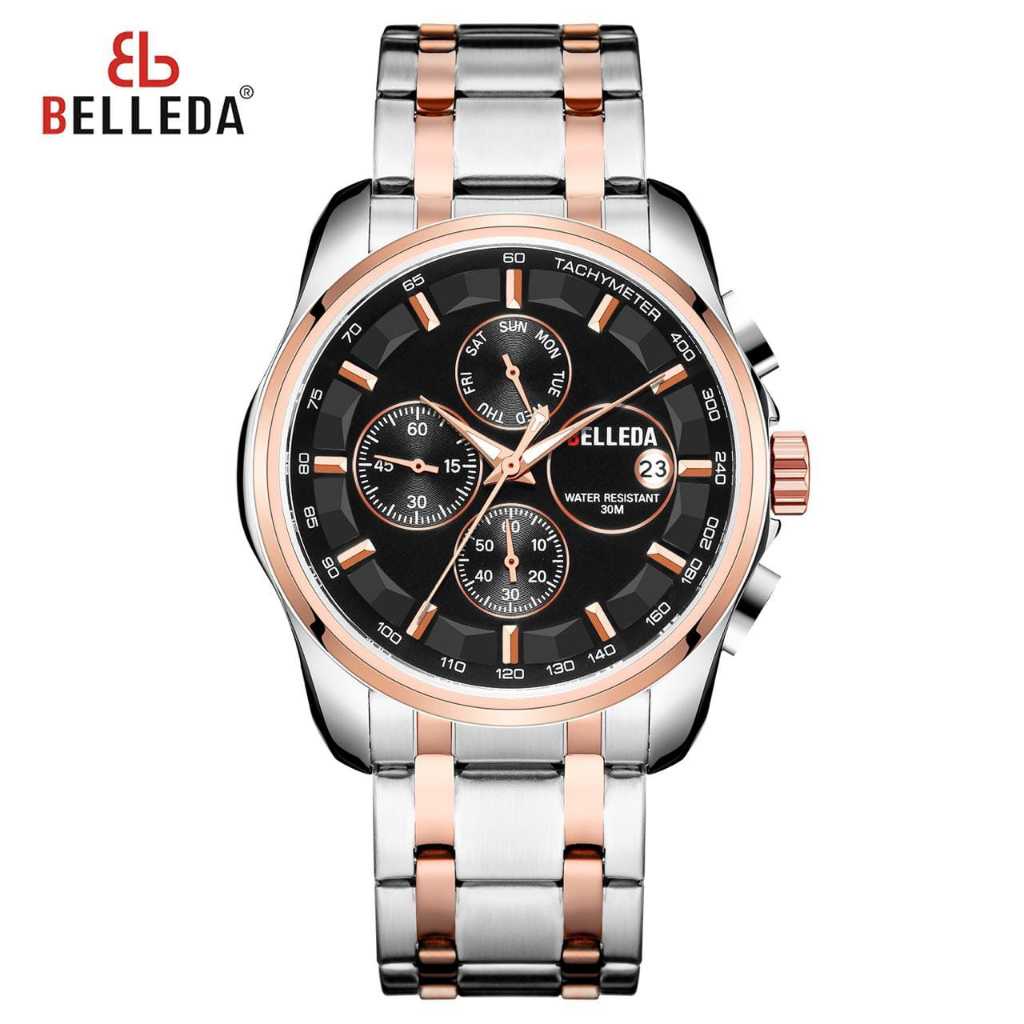 Belleda 9152 Jam Tangan Pria Rantai Kaca cembung chronograf tanggal Tahan Air Original 100%