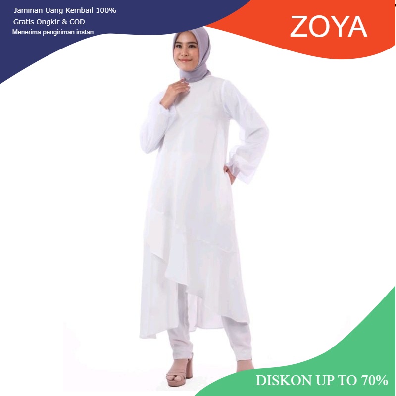 Zoya Vazza Midi Dress - Atasan Tunik motif Muslim Wanita putih